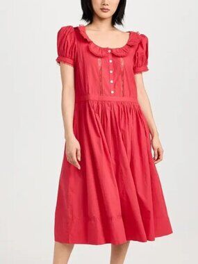Sandy Liang Middy Midi Dress Floral Lace Ruffle Cotton Short Sleeve XL 283547